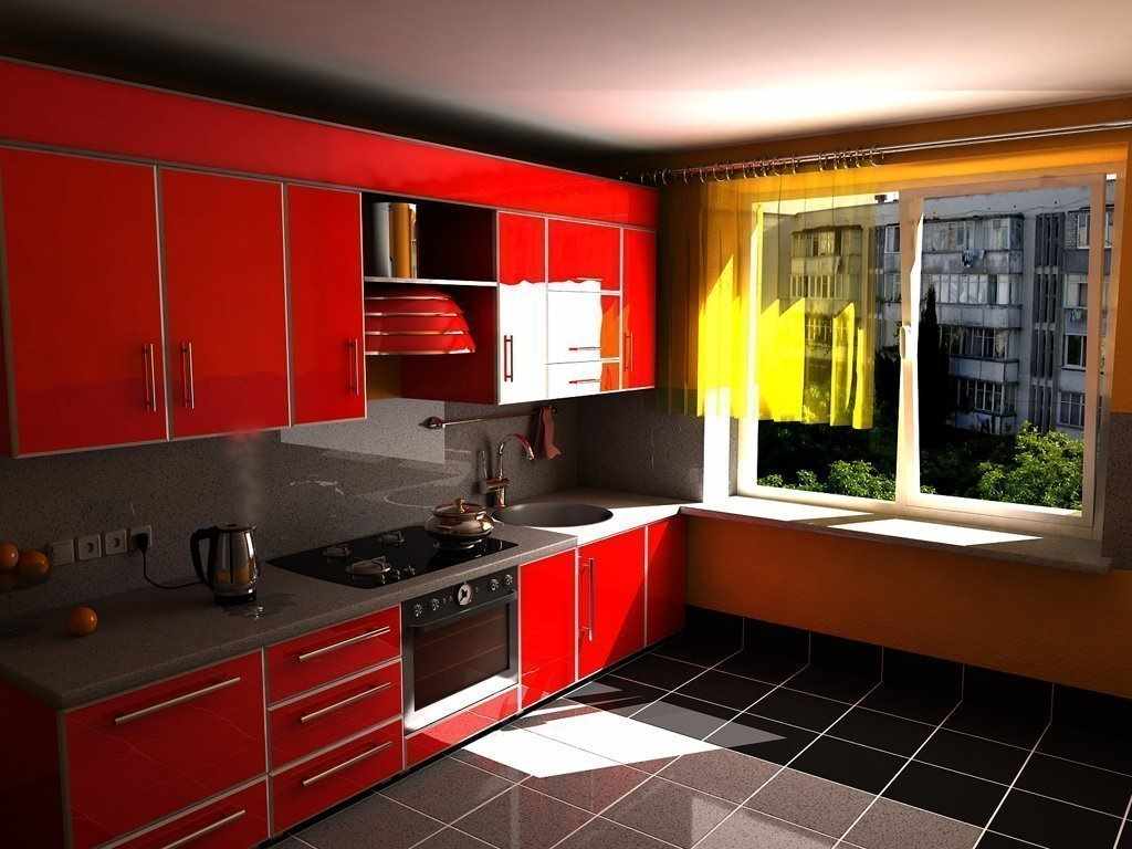 مثال على الداخلية غير العادية للمطبخ الأحمر