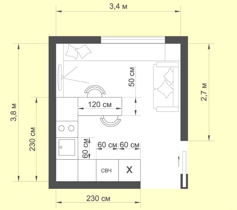 La disposition des meubles et des appareils dans la cuisine avec une superficie de 12 mètres carrés