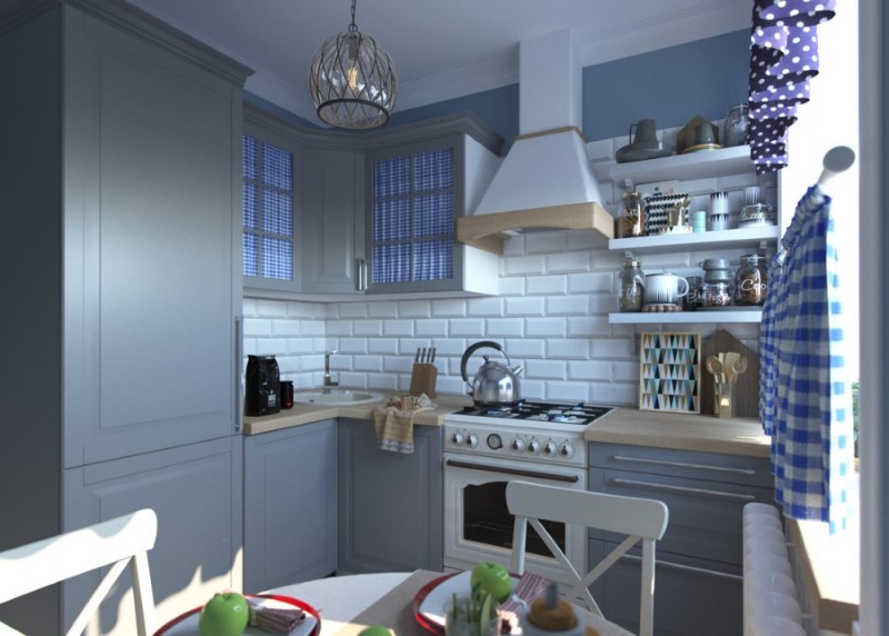 مطبخ بروفنس بتصميم داخلي مع هيمنة درجات اللون الرمادي والأزرق