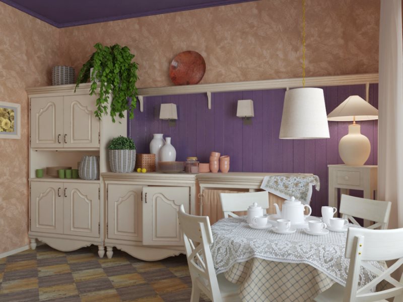 Intérieur de cuisine rustique avec tablier violet