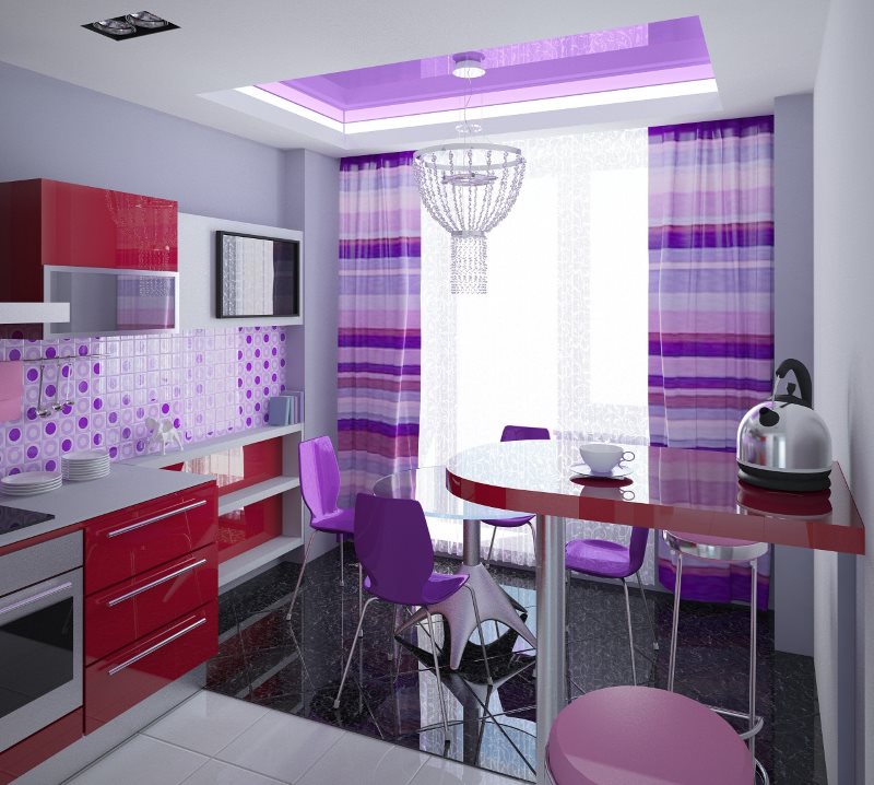Conception de cuisine de style pop art avec des rideaux violets.