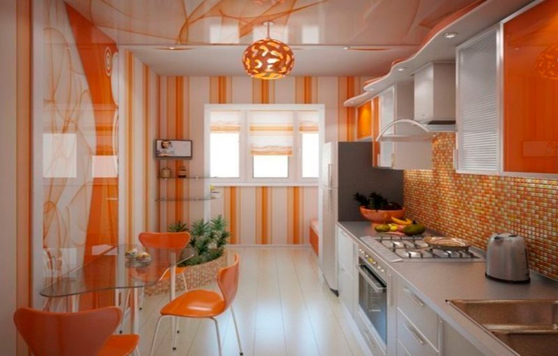 Papier peint en vinyle avec un imprimé orange à l'intérieur de la cuisine
