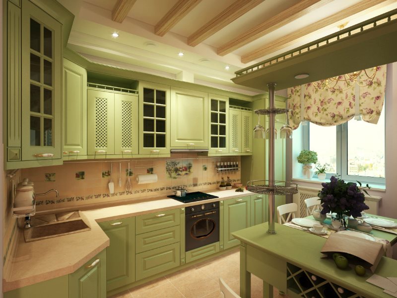 Cuisine de style provençal vert clair mesurant 11 m²