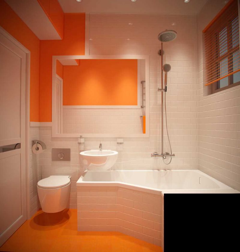 צבע כתום בפנים של חדר אמבטיה קומפקטי